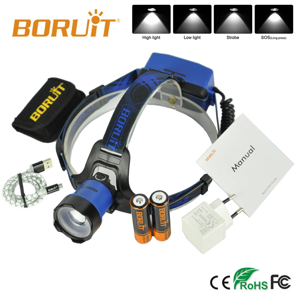 

Boruit B13 LED Headlamp Rechargeable Zoomable Head Light Waterproof Torch Light XM-L2 Zoom headlight 18650 Batteries USB Charger