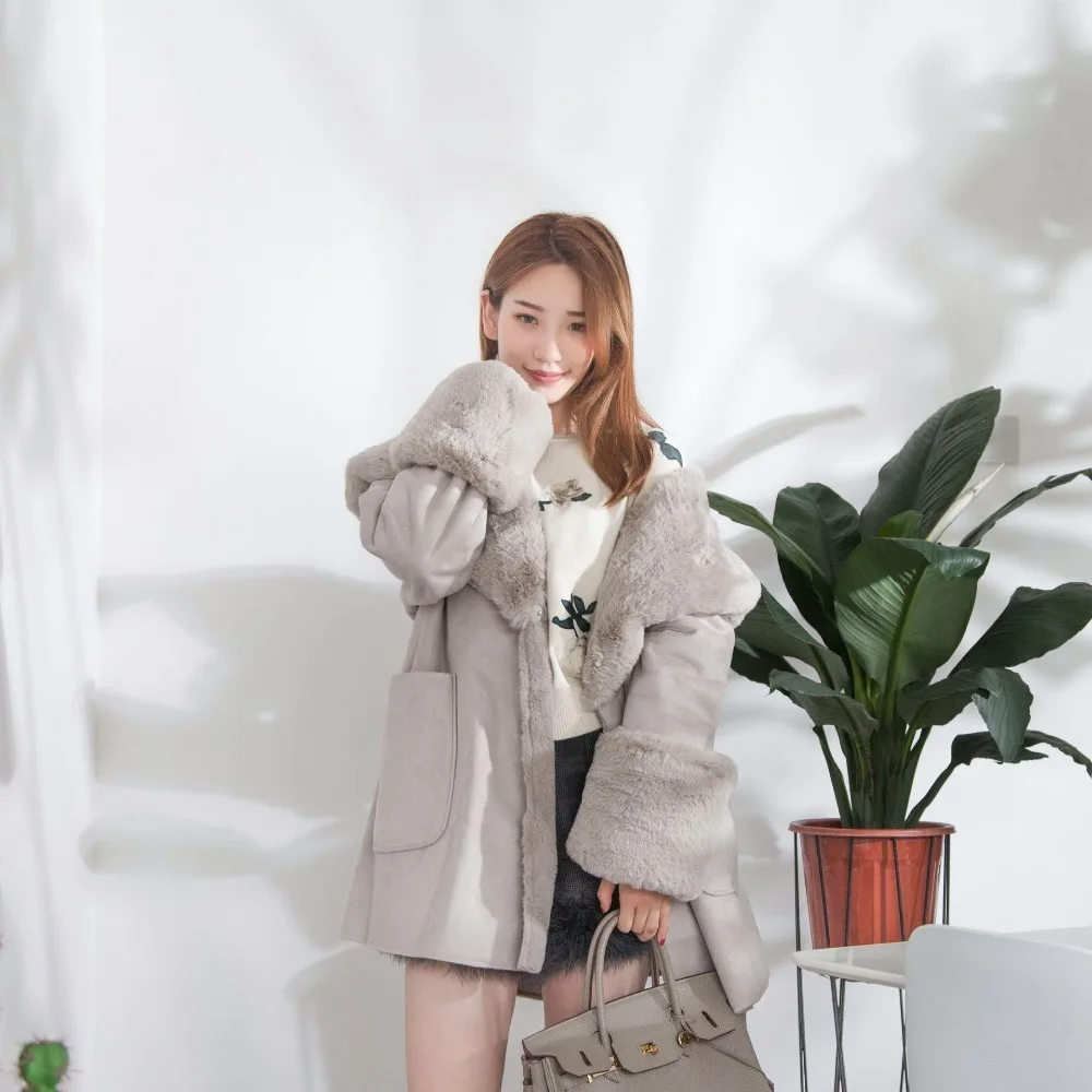 Women Suede Faux Hair Parkas Female Autumn Winter Thicken Oversized Velvet Outwear Womens Fur Collar Jacket Coat Ds50241