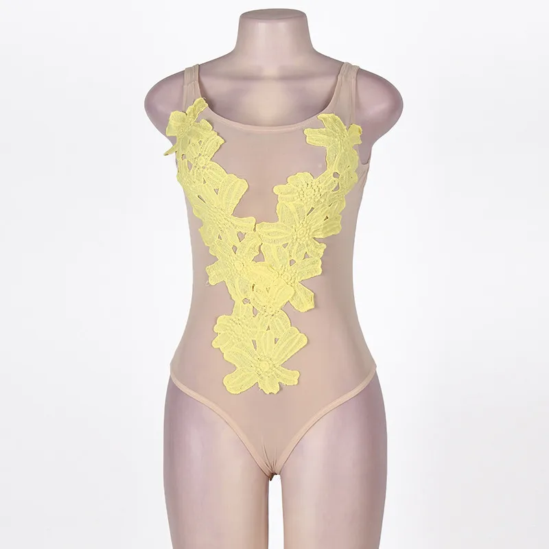 Цвет: желтый Comeondear Body Banco женские боди моно Mujer Largo Elegante RB80304 без рукавов белая Цветочная вышивка полупрозрачного сетчатого Тедди - Цвет: Цвет: желтый