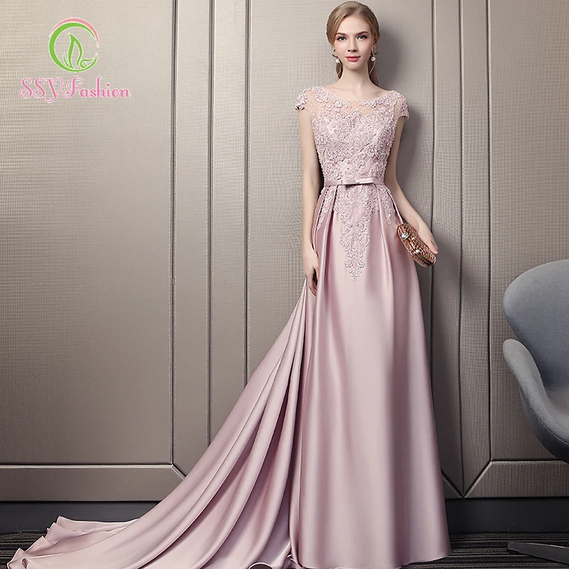 SSYfashion короткие рукава шнуровка сзади атлас длина до пола с коротким шлейфом