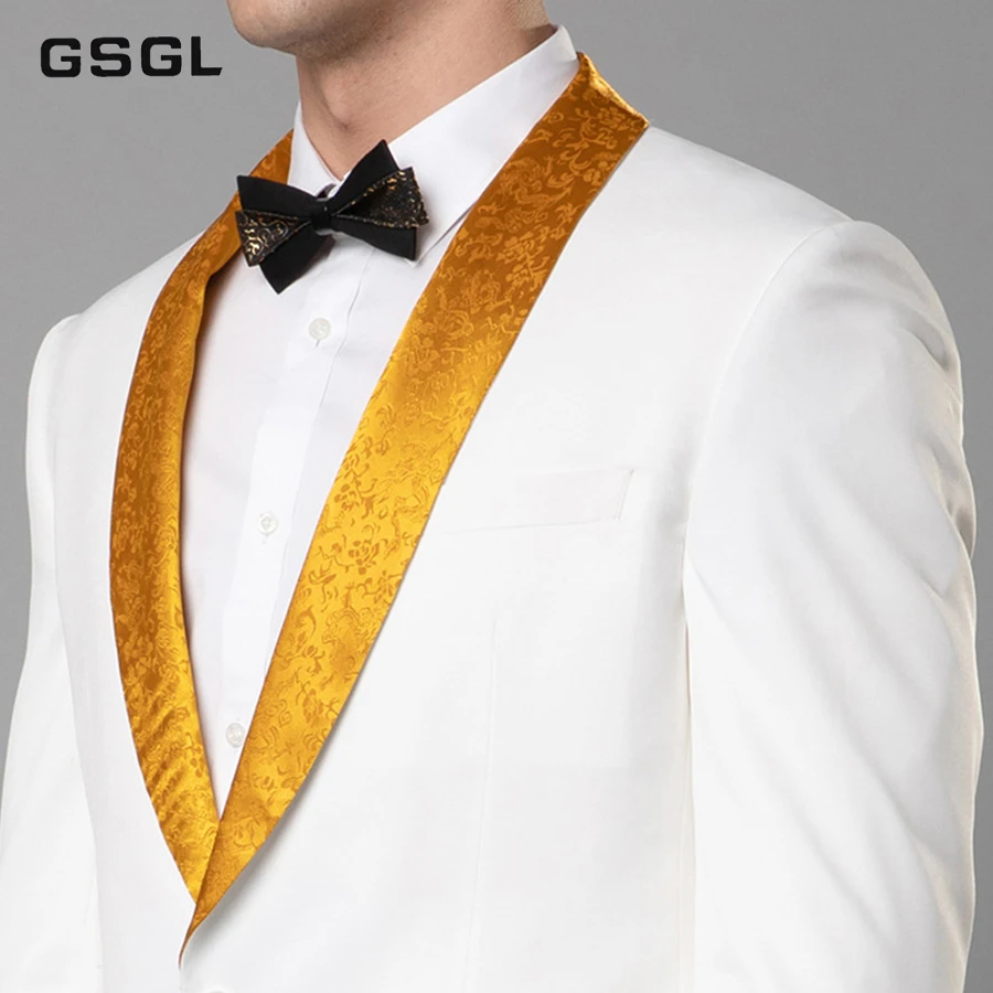 Men's 2 Pieces Suit Shawl Lapel Tuxedo Suits Formal Golden Jacquard Jacket Pants White Suit Set