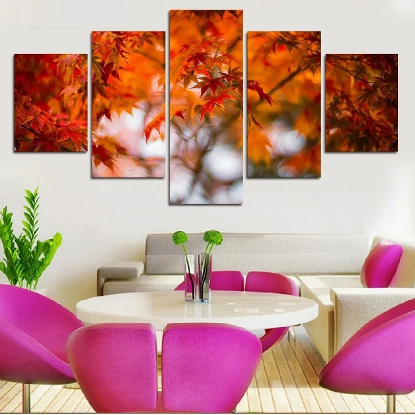 

5 Panel Hand-Painted Modern Home Decor Abstract Wall Art Picture Autumn Maple Leaves Canvas Oil Painting On Canvas