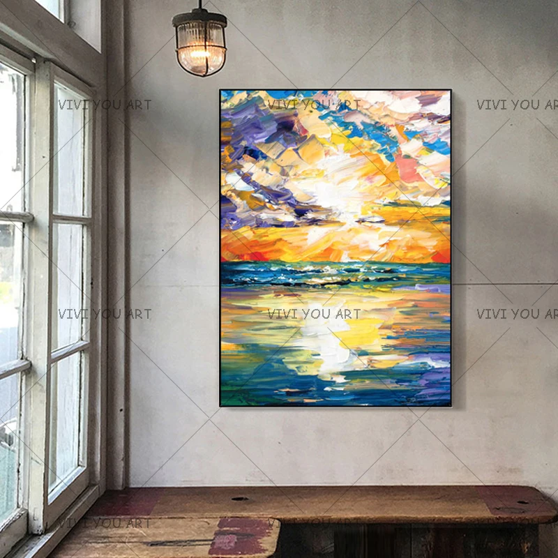 

Modern Abstract Landscape Oil Painting On Canvas Wall Art Pictures Sunset Besch Seascape Handmade Arcylic Knife Paintings