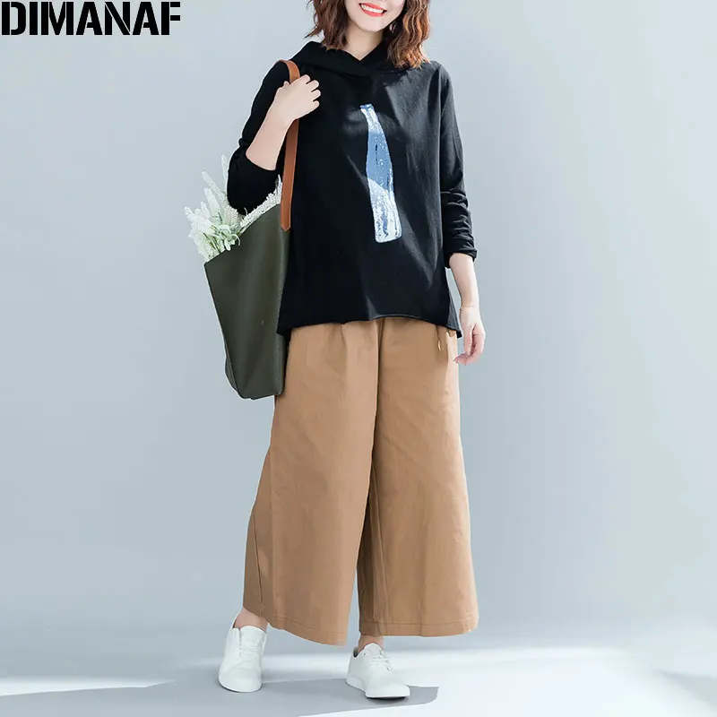 

DIMANAF 2018 Autumn Women Hoodies Sweatshirts O-Neck Cup Pattern Female Asymmetrical Hems Pullovers Cotton Loose Tops Oversize