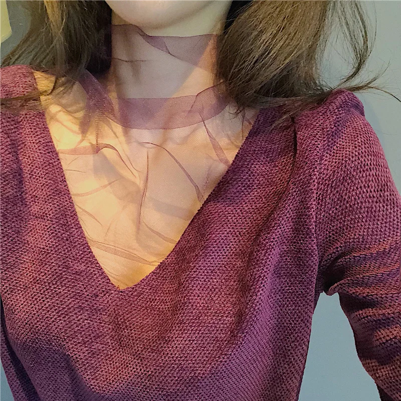 New spring 2019 stand-up lace mesh undershirt with long sleeves slim and sexy v-neck |