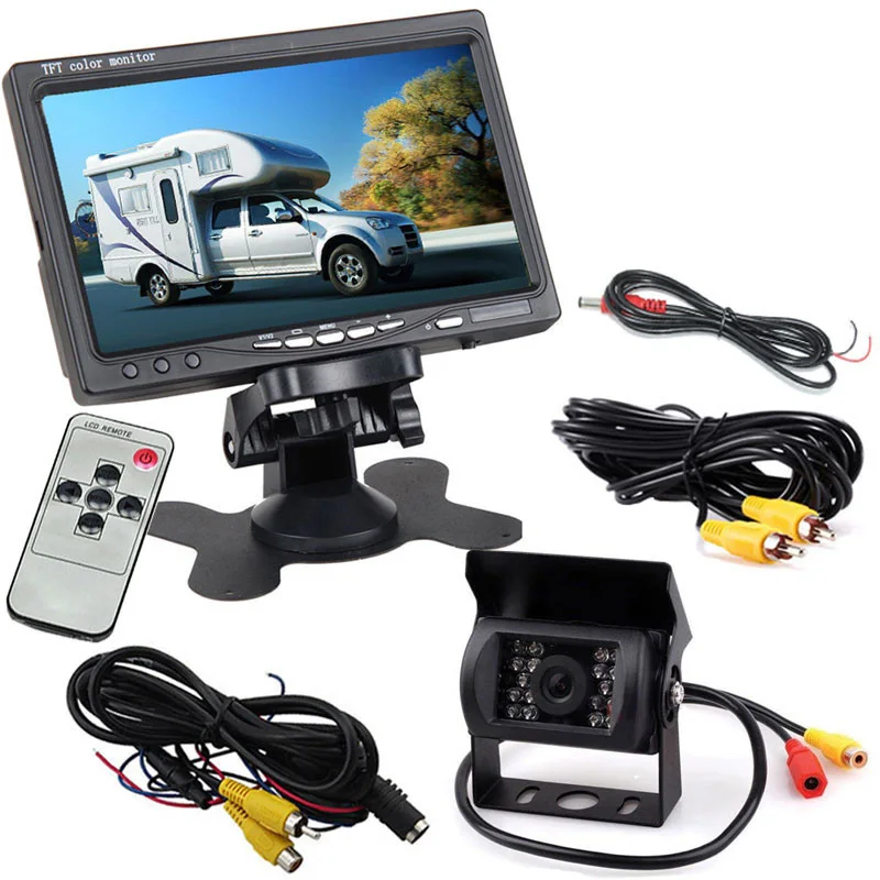 

12V-24V 7 Inch TFT LCD HD 800x480 Car Monitor + 18 IR LEDs Night Vision Waterproof Reversing Backup Camera for RV Bus Truck