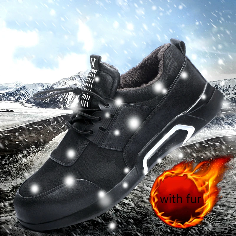 

large size men casual warm plush steel toe caps work safety cotton shoes winter snow fur sneaker anti-puncture security boots
