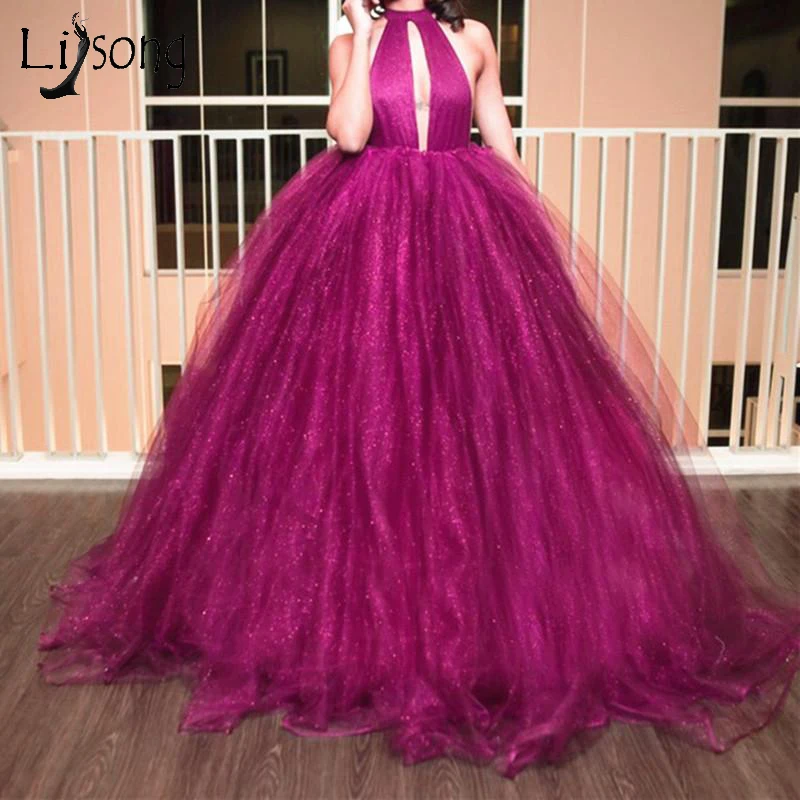 

Sexy Backless Fuchsia Ice Tulle Evening Dresses 2019 Puffy Tutu Ball Gowns Halter Off The Shoulder Ganna Prom Gowns Abendkleider