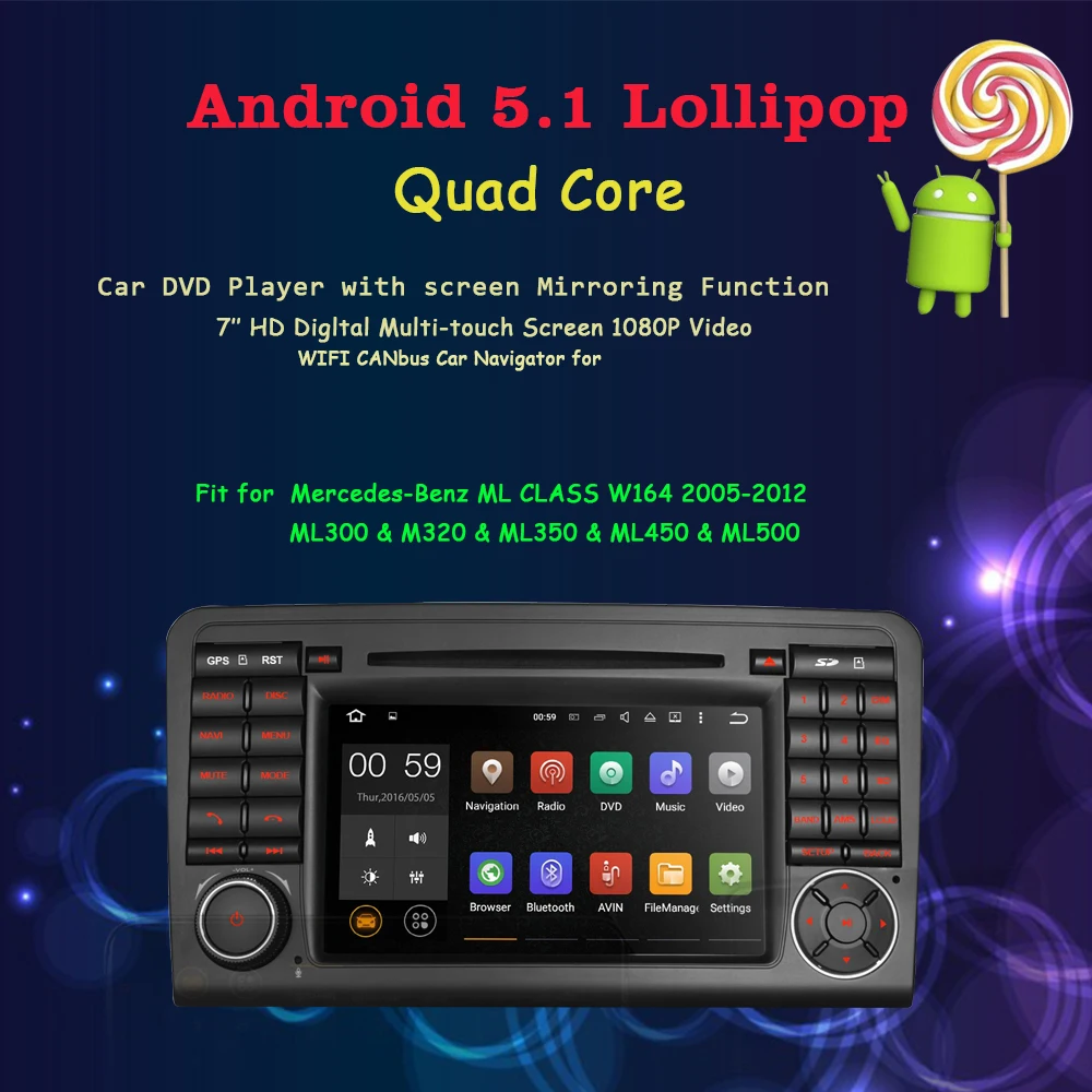 Подходит для Mercedes Benz Ml Класс W164 GL Class X164 Android 5.1 OS Quad Core 1024*600 HD Сенсорный Экран В Тире