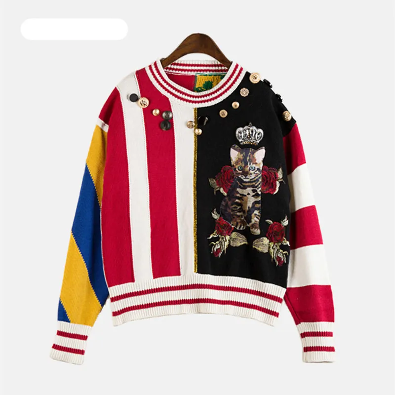 

Luxury Brand Designer Knitted Sweater for Women Vintage O Neck Beading Crown Cat Embroidery Flower Buttons Knitted Pullovers