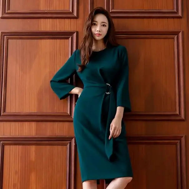 Зеленое офисное платье для женщин vestidos largos зеленое элегантное однотонное