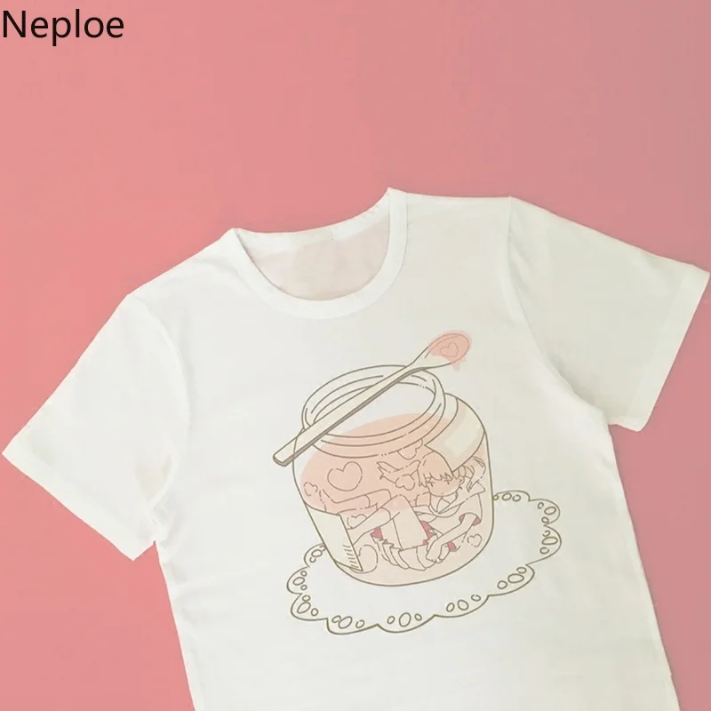 Neploe мультфильм Модные принты с круглым вырезом короткий рукав Для женщин топ 2019