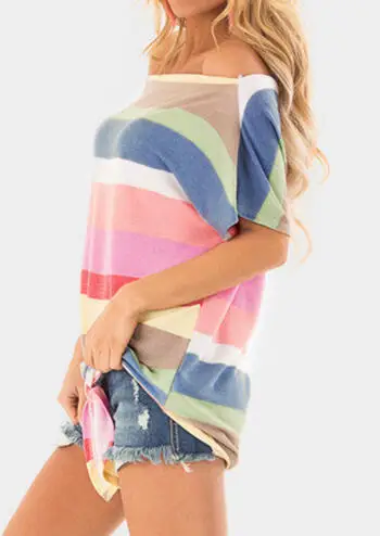 

Women Striped Off Shoulder short sleeve Tee T-Shirt Tie Female Loose Tank camis Big Size Korean Tops Clothing Summer
