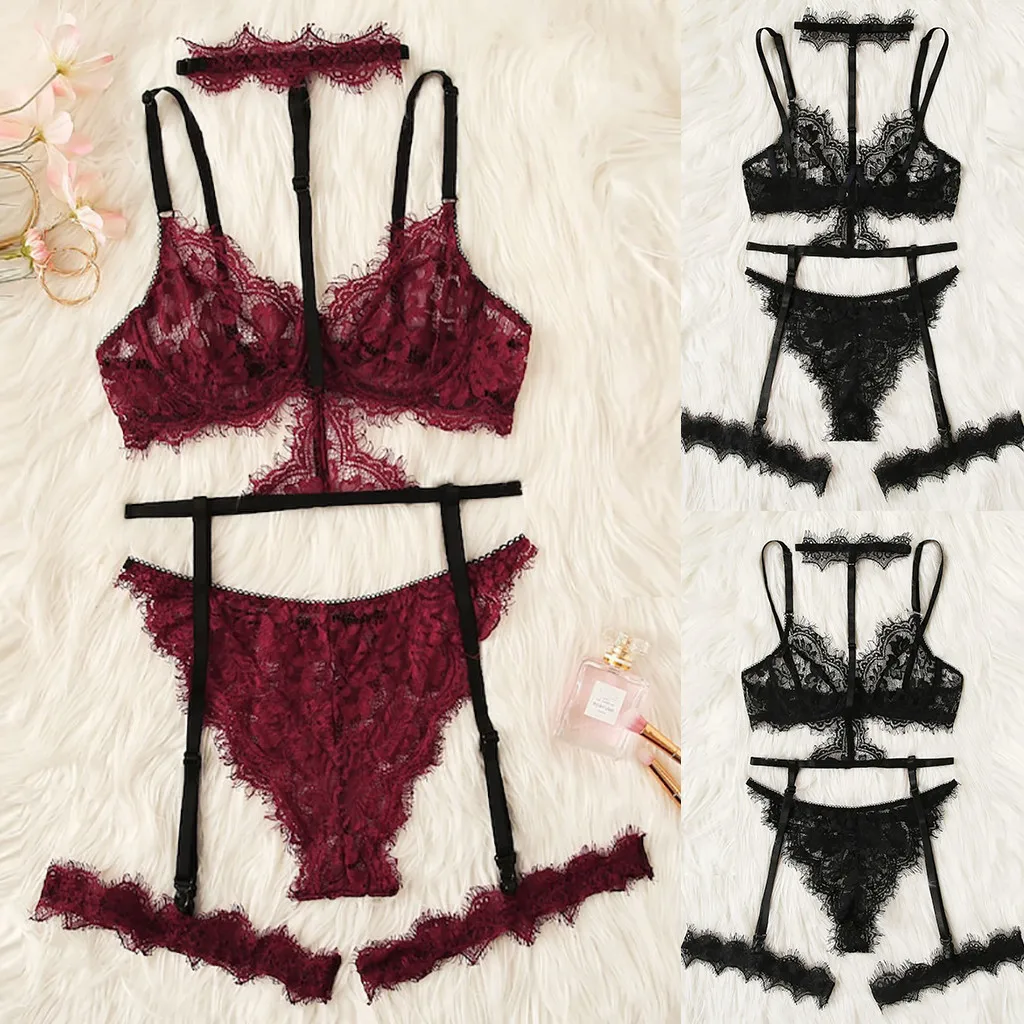Feitonglingery боди кружевное белье бюстгальтер+ подвязка+ трусы Набор Babydoll нижнее белье женское Бесшовное#3