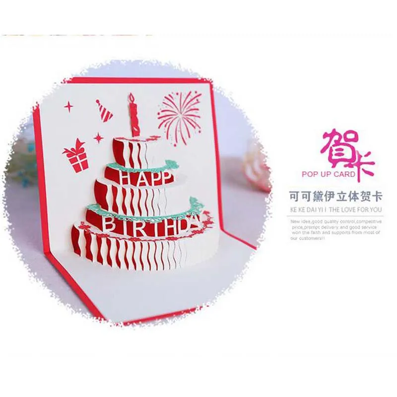 

10Pcs/Lot Red Colors Birthday cake 3D paper carving blessing greeting card creative birthday three - dimensional card wholesale