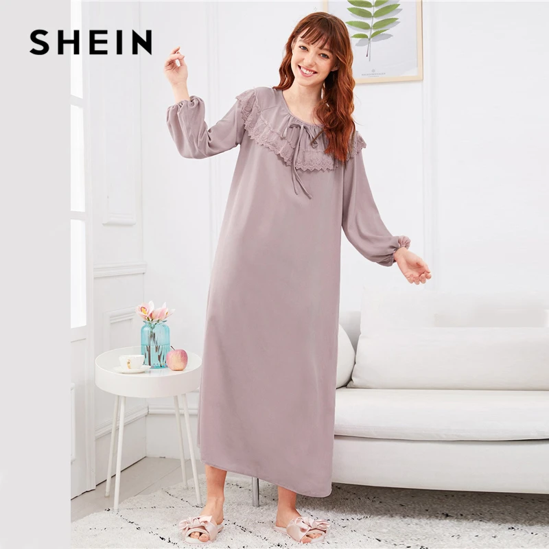 SHEIN Длинная Ночная Рубашка С Ажурной Вставкой, Пижама С Длинным Рукавом И Кружевной Вставкой