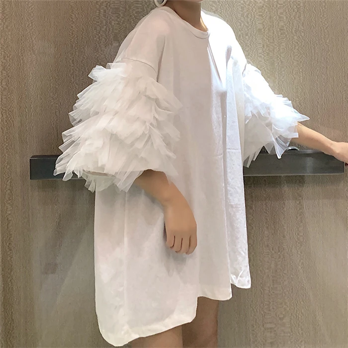 CHEERART летняя негабаритная футболка женская с коротким рукавом сетчатый топ хлопковые футболки Femme топ с пышными рукавами Корейская уличная одежда