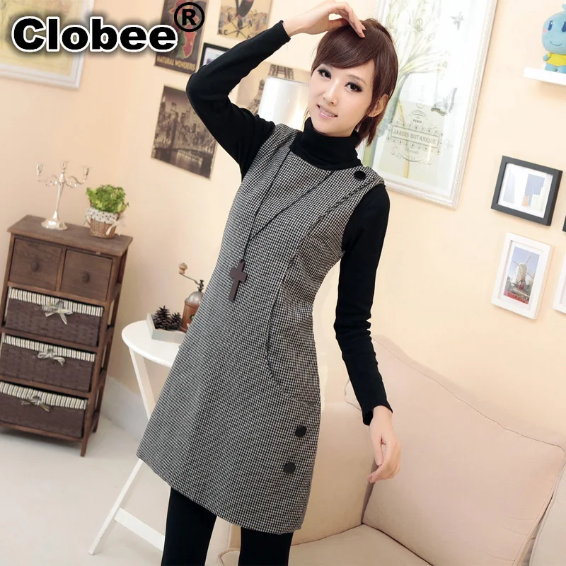 Платье-жилет большого размера в стиле ретро осеннее и зимнее шерстяное с узором