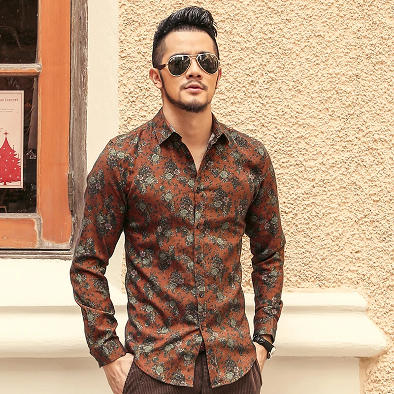 Рубашка мужская приталенная с цветочным принтом хлопок модная повседневная в