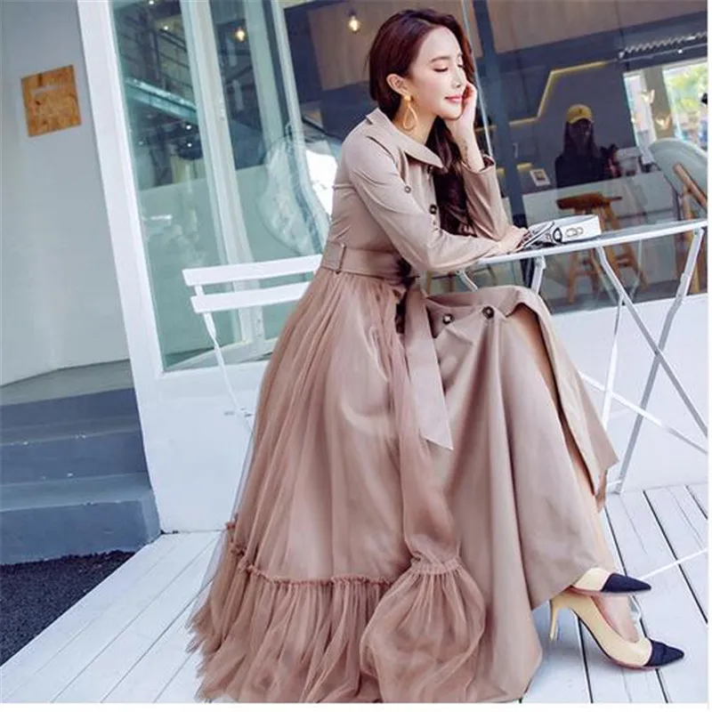 

Fashion Female Outwear 2018 New Spring Gauze Patchwork Ultra Long Dress Single Breasted Slim Women Trench Coat Khaki Windbreaker