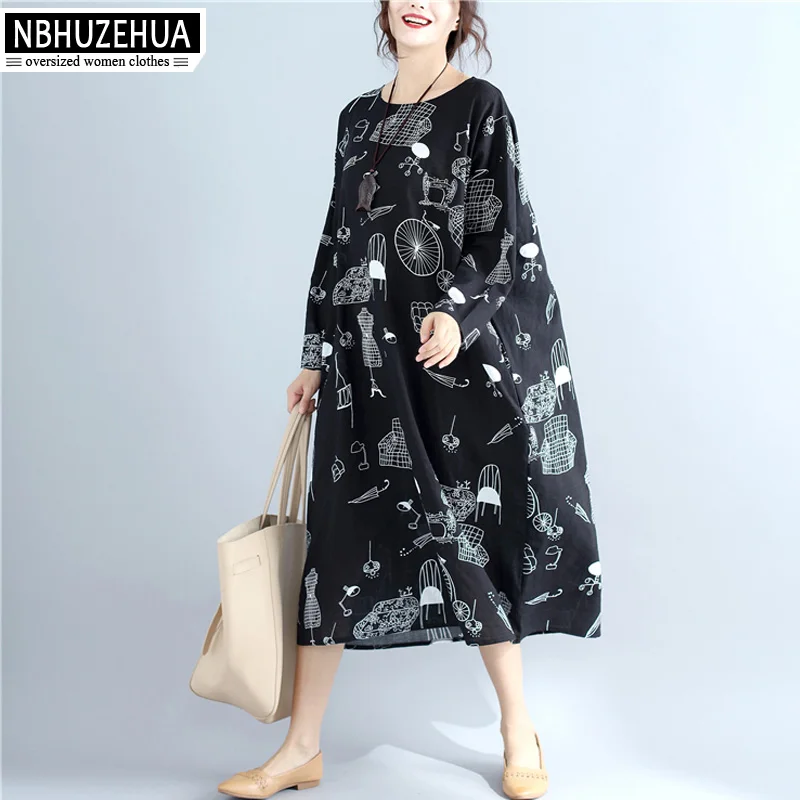 Женское длинное платье с круглым вырезом NBHUZEHUA черное принтом 7G298 4XL 5XL 6XL размера