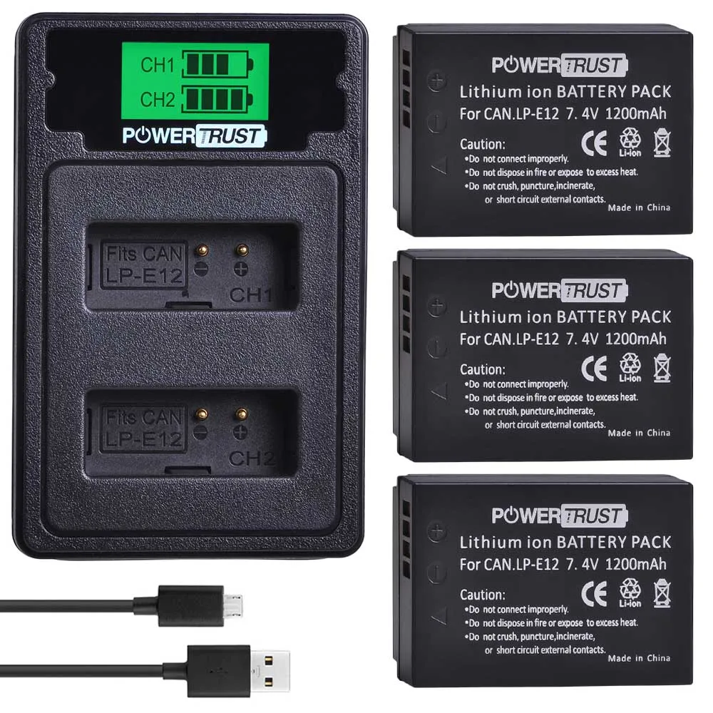 3X Battery Set PowerTrust 2 шт. LP-E12 LPE12 LP E12 батарея+ ЖК USB двойной зарядное устройство для Canon EOS M50, EOS M100, 100D Kiss X7 Rebel SL1 - Цвет: 3X Battery Set