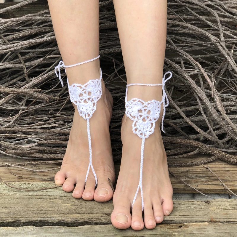 1 Pairs Trendy Handmade Crochet Barefoot Sandals Beach Yoga Anklet Jewelry Geometric Pattern Bridal Wedding Anklet Accessories