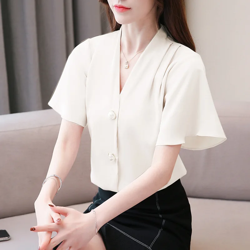 Summer Lady Shirt New Korean Pure Colour Pullover V-collar Two-button Short-sleeved Chiffon Women's Thin Fashion Blouse H9000
