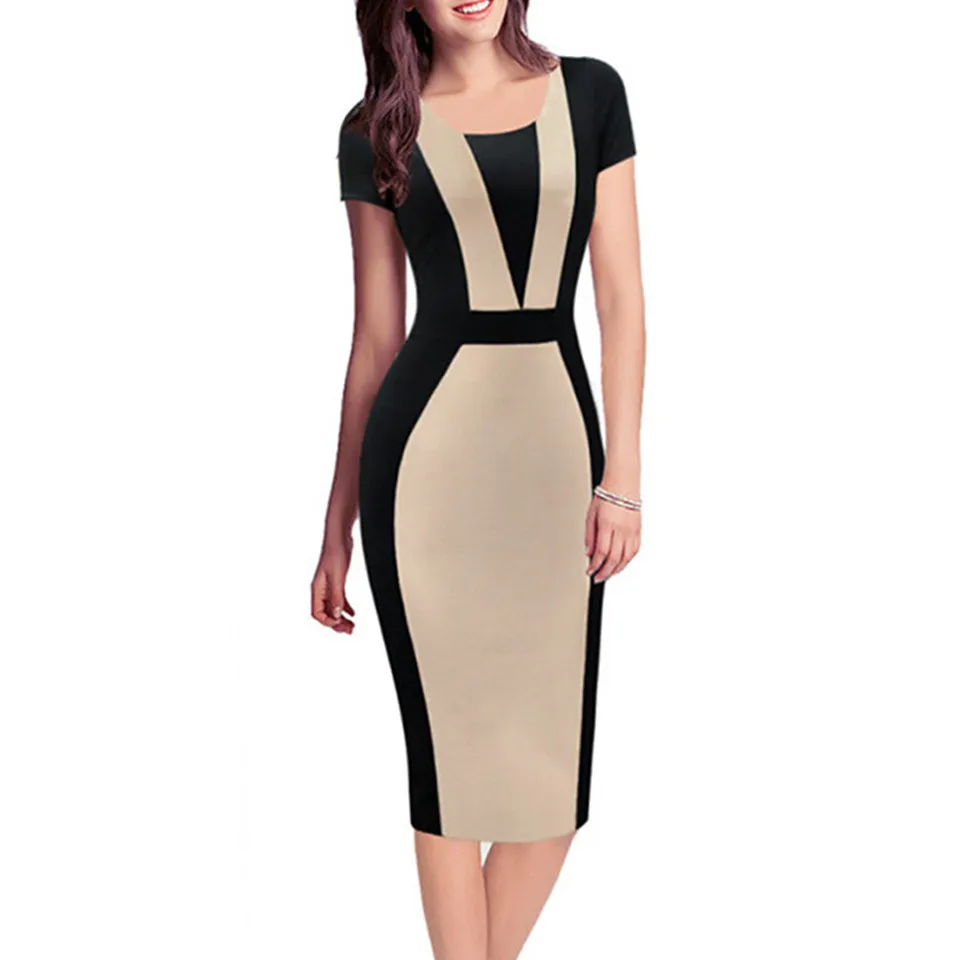 Дамы Вечерние Платья Летние de Verano лоскутное короткий рукав Работа Карандаш