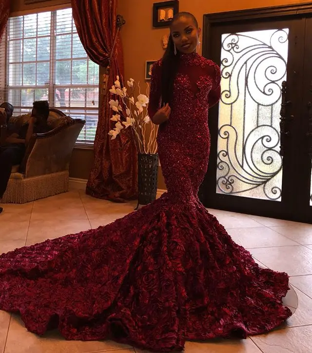 Vestidos de gala, сексуальное блестящее платье с высоким воротом, платье для выпускного вечера, длинное винтажное бордовое вечернее платье с длинным рукавом и цветочным рисунком