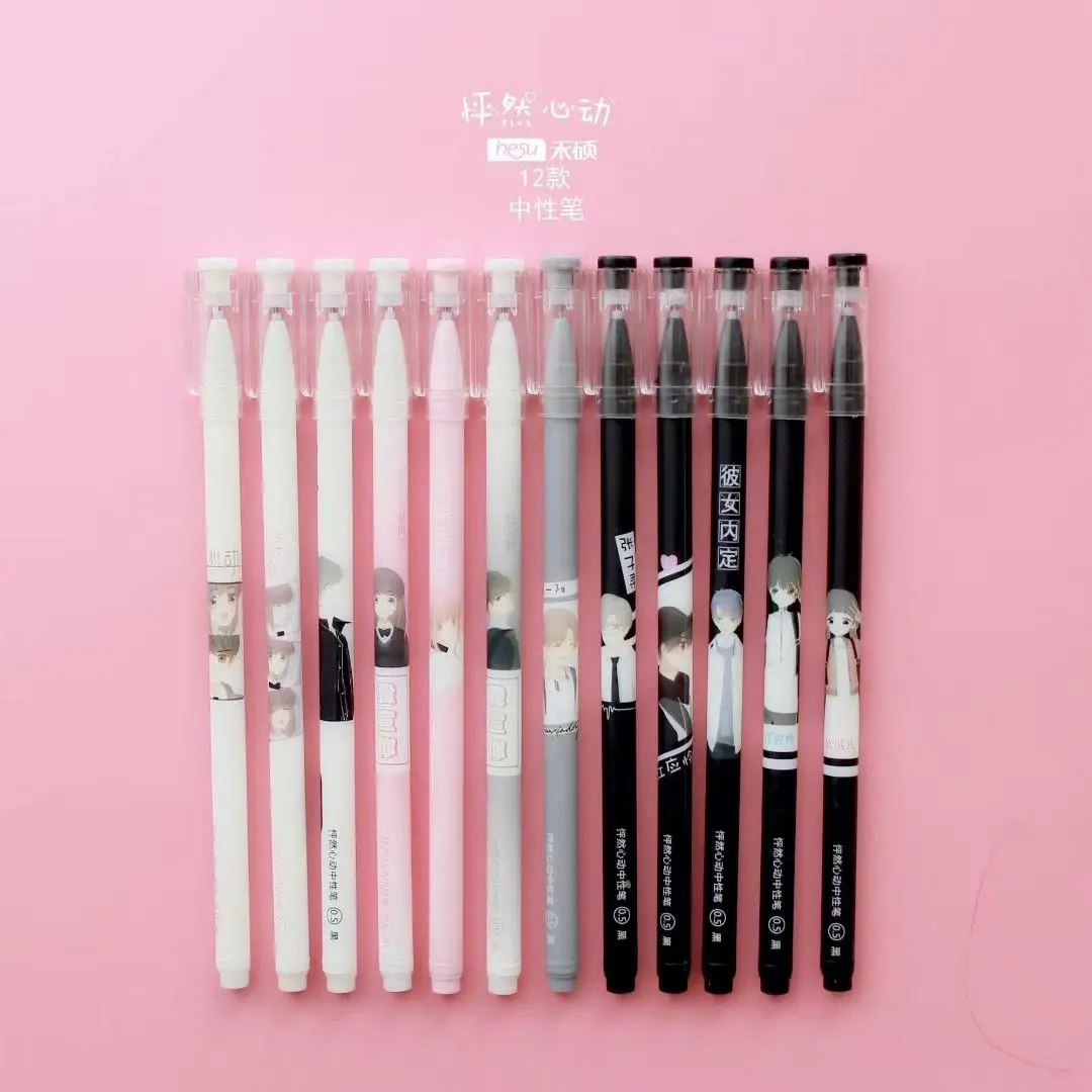 

4 pcs Gel Pens Cartoon Kawaii Heartbeat black colored gel-inkpens for writing Cute stationery office school supplies