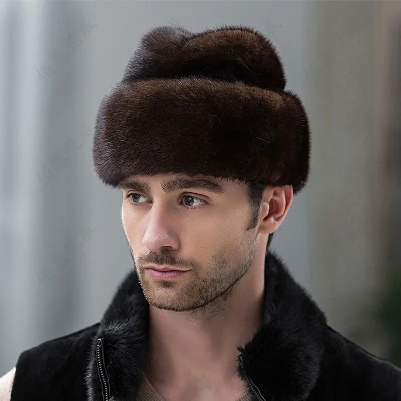 

Real Whole Men Mink Fur Hat Russian-Style Winter Men Warm Fur hat Luxury Super Warm Ear Bomber Fur Genuine Mink Cap MZ-01