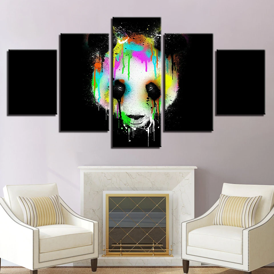 HD Print Photos Wall Decor Abstract Canvas 5 Pieces Modular Colorful Panda Head Pictures For Living Room Framed Poster Paintings | Дом и сад