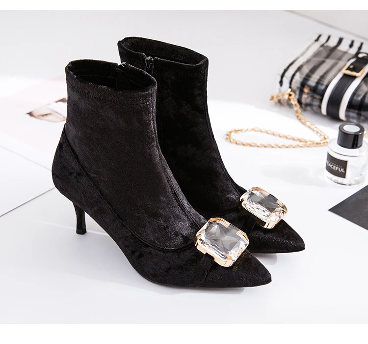 Kmeioo zapatos de mujer женские ботинки Зимние ботильоны на высоком каблуке с кристаллами |