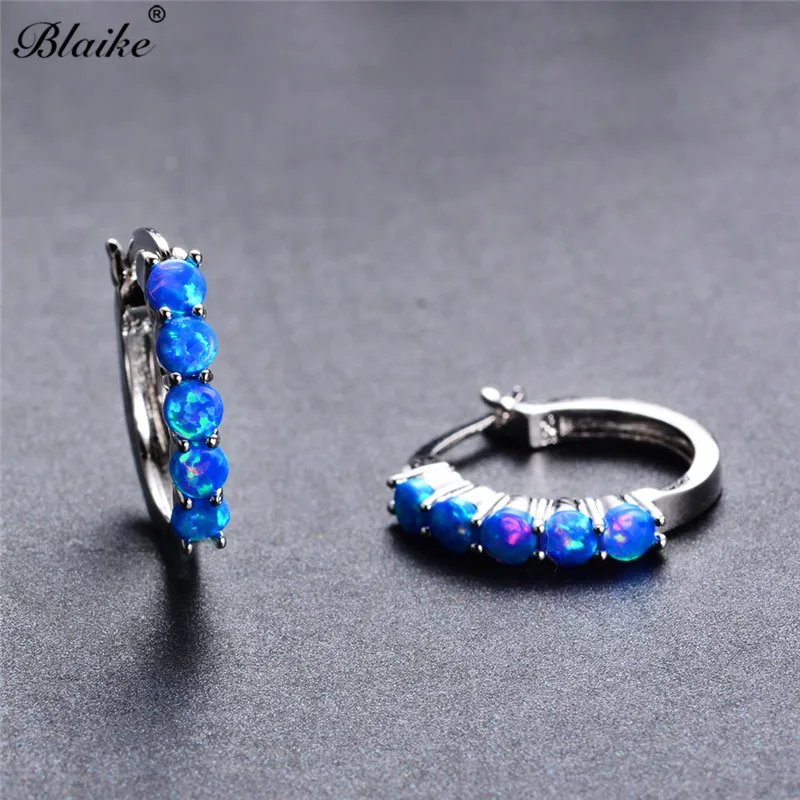 Blaike, 925 пробы, серебряные, круглые серьги-кольца для женщин, синий/белый, огненный опал, серьги, Радужный камень, круг, пирсинг, ювелирные изделия для ушей