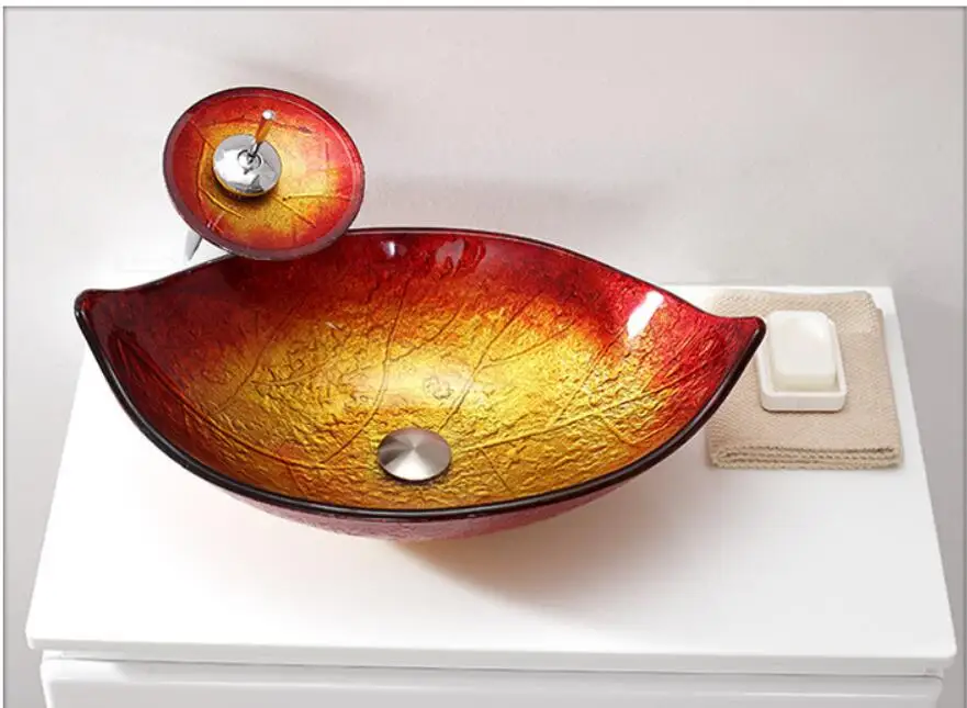 Раковина из закаленного стекла в форме листа для ванной комнаты туалетный столик