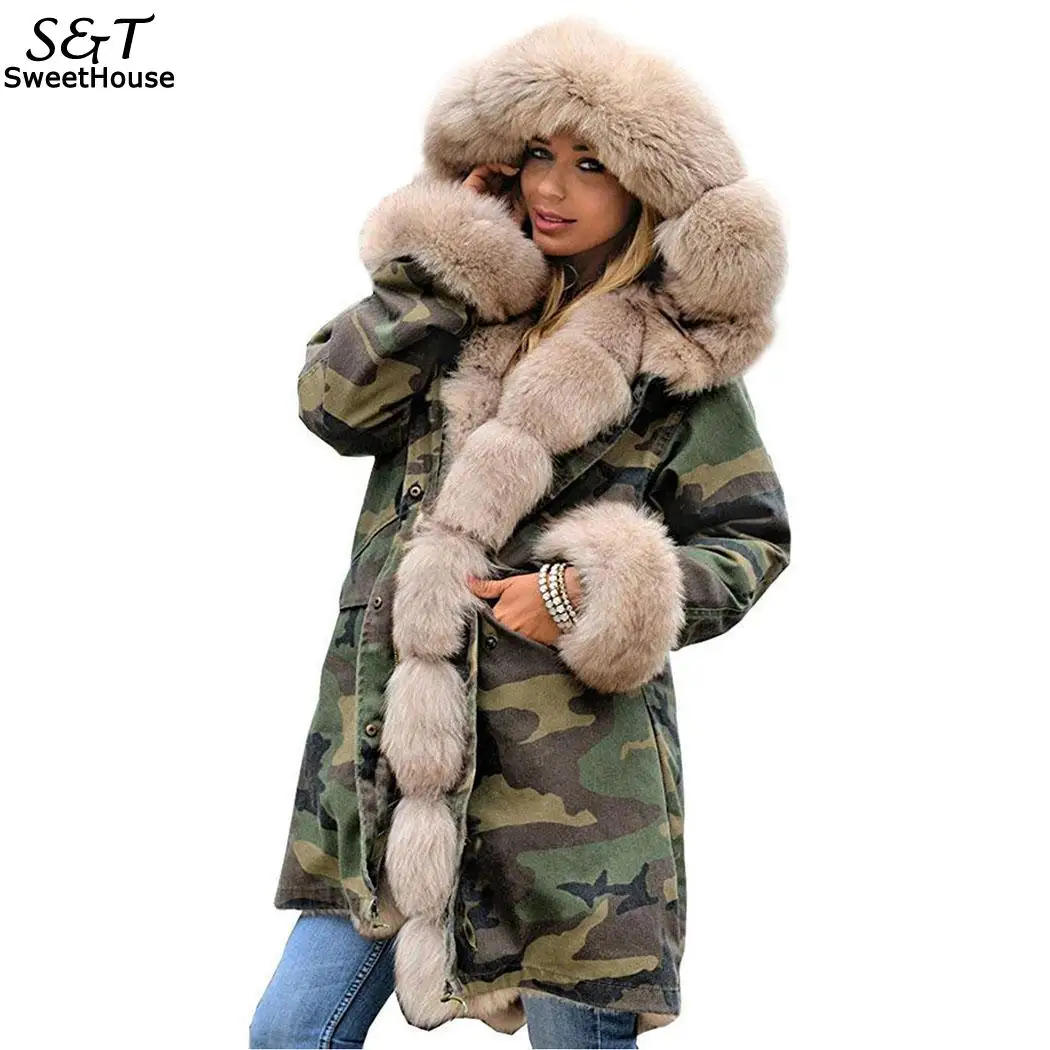 Зимняя куртка для женщин камуфляжная Abrigos Mujer Invierno 2018 большой меховой воротник