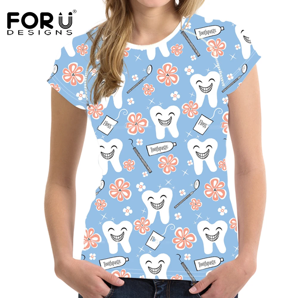 

FORUDESIGNS Высококачественная футболка для женщин, милая мультяшная Футболка с принтом дантиста, женские новые эластичные топы, футболки, рубаш...