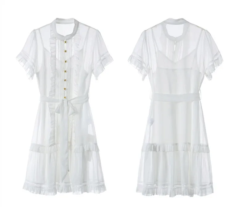 Шифоновое летнее платье 2019 однобортное с рюшами коротким рукавом корсаж белое