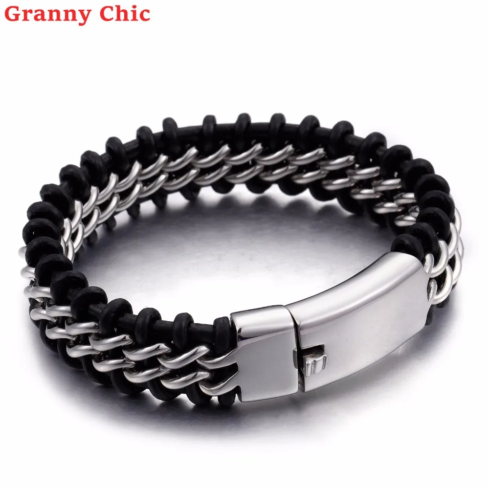 Мужской плетеный кожаный браслет Granny Chic 8 66 дюйма 18 мм из нержавеющей стали с