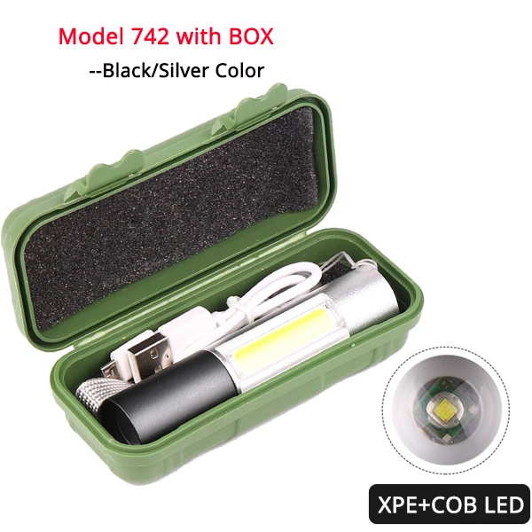 Model 742 With Box 1200 мАч мощный перезаряжаемый USB СВЕТОДИОДНЫЙ светильник-Вспышка водонепроницаемый мини-фонарь с зумом портативный COB велосипедный походный светильник банковская лампа - Испускаемый цвет: Model 742 With Box