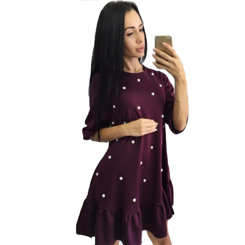 Женское повседневное плиссированное платье с коротким рукавом круглым вырезом и