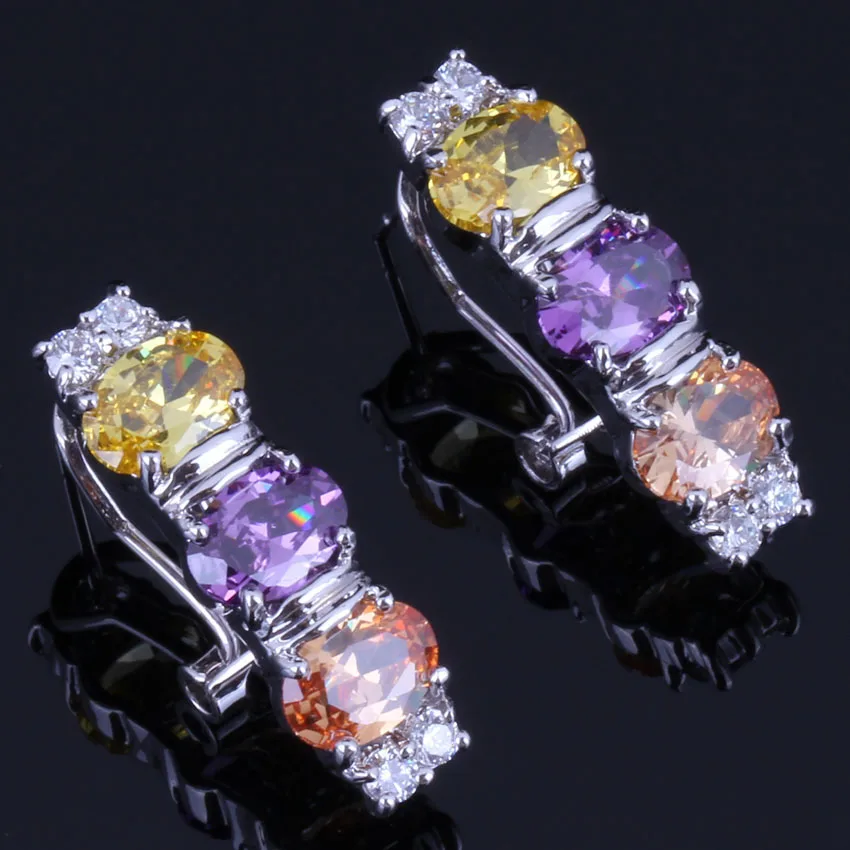 

Trendy Oval Multigem Multicolor Brown Cubic Zirconia Silver Plated Clip Hoop Huggie Earrings V0920