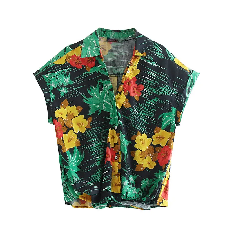 Новый женский винтажный короткий рукав цветочный принт с зелеными листьями