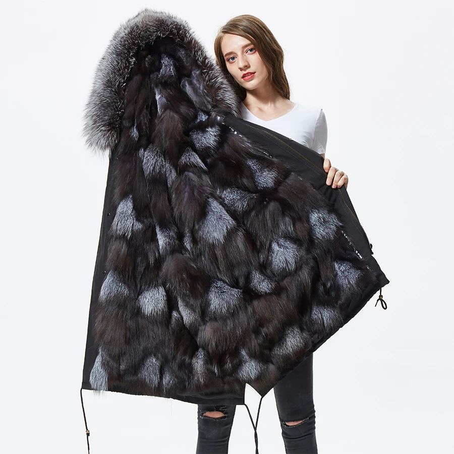 

Silver Fox Fur Parka Women Coat Black Racoon Fur Collar Outwear Autumn Winter Warm Fashion Overcoat High Quality