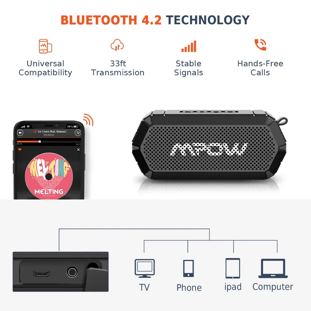 Mpow черный Bluetooth динамик Портативный Открытый водонепроницаемый HiFi стерео звук