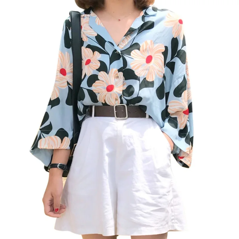 Women V-neck Flower Printed Loose Blouses Elegant Ladies Batwing Long Sleeve Fashion Casual Vacation Shirt Clothing |