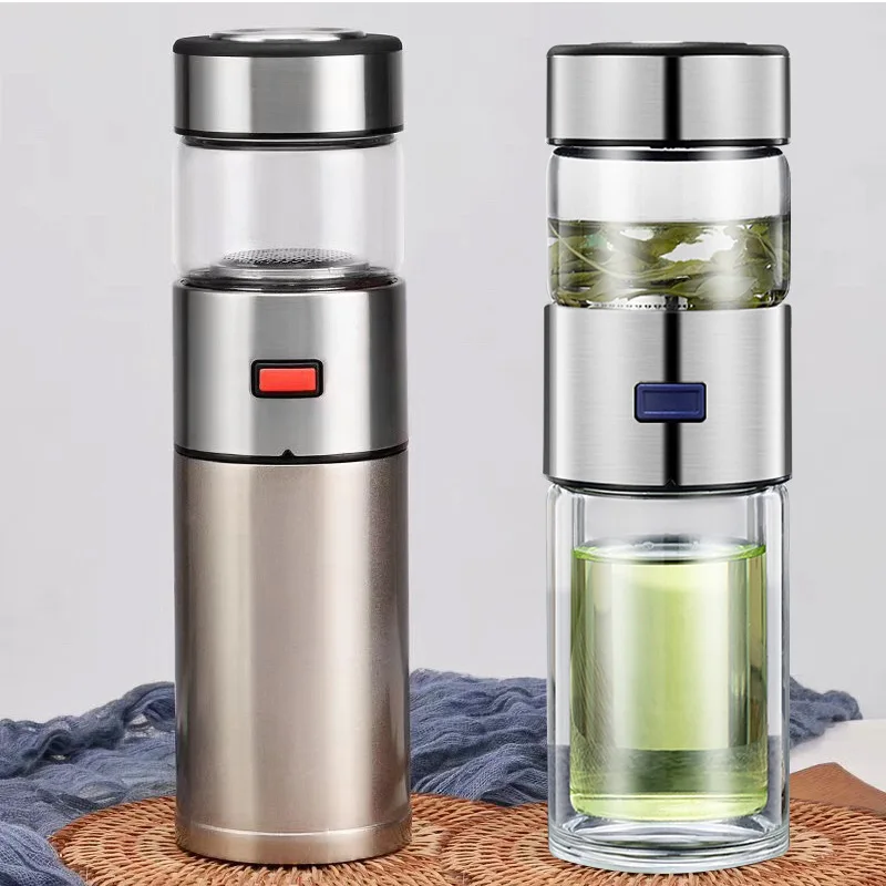 Double Wall Glass Tea Infuser Bottle For Water Cup With Stainless Steel Filter Lid Separation Car Tumbler Gift Tour Drinkware
