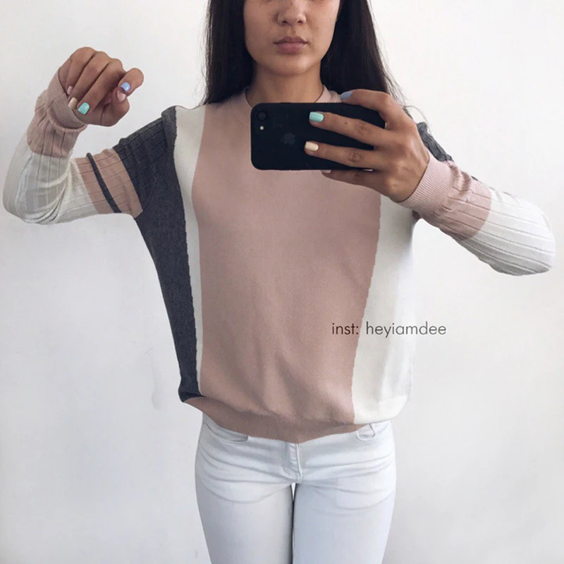 GIGOGOU Autumn Winter Sweater Women Contrast Color Pullover Jumper Long Sleeve O-Neck Knitted Tops Outwear Pull Femme | Женская одежда