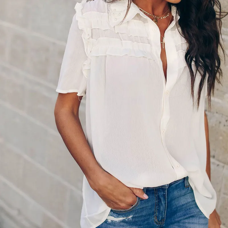 

New Fashion Womens Ladies Casual Summer Work Office Cotton Blended Blouses Ruffles Shirts Tops Turn-down Collar Sexy Solid
